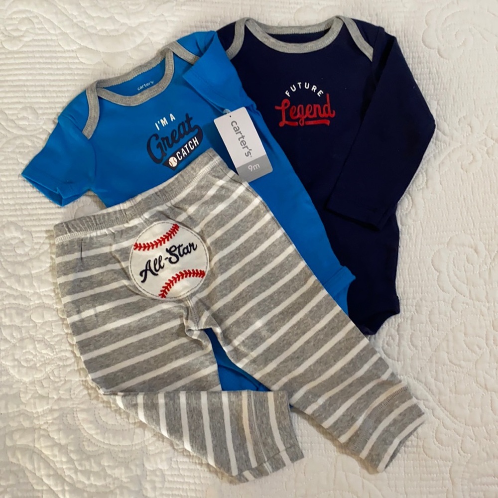 3 piece Carter’s Boys baseball onesie pants 9mo